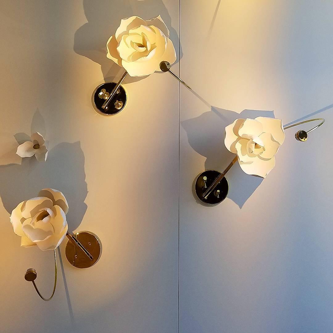 Modern Magnolia Flower Wall Sconce Set with Handcrafted Cotton Paper Petals