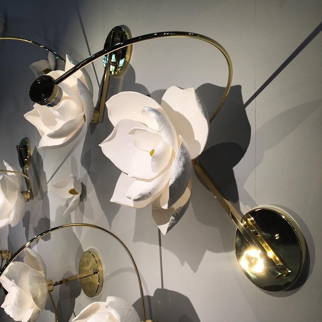 Modern Magnolia Flower Wall Sconce Set with Handcrafted Cotton Paper Petals