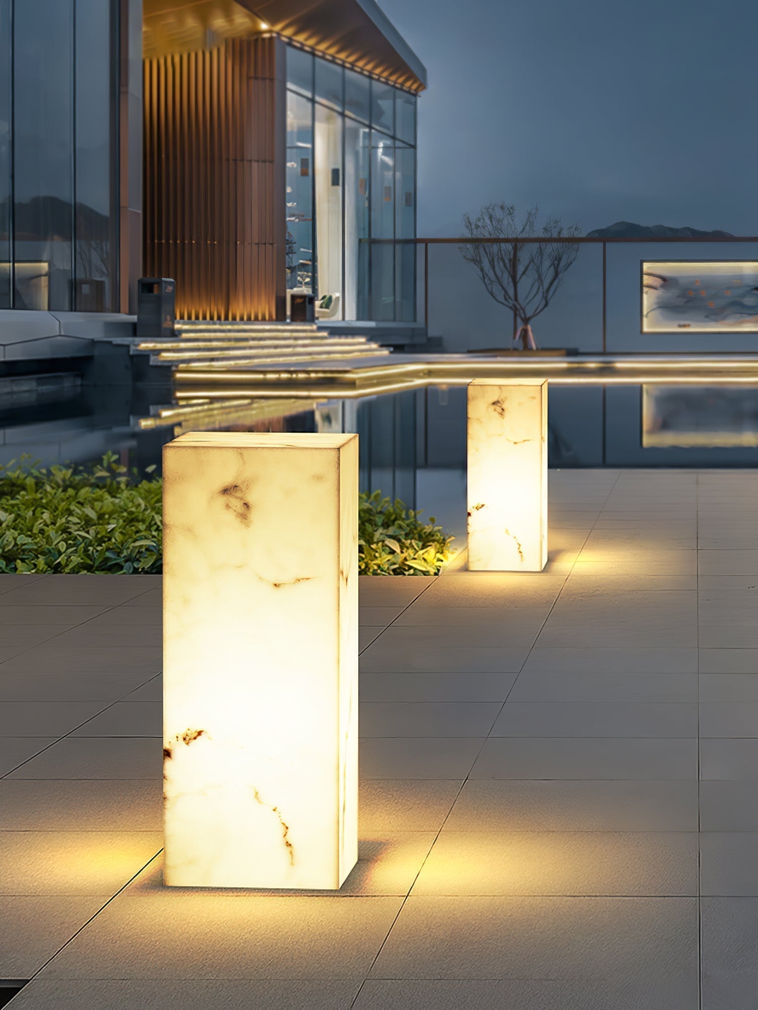 Modern Marble Effect Cube Outdoor LED Landscape Path Light and Garden Pillar Lamp