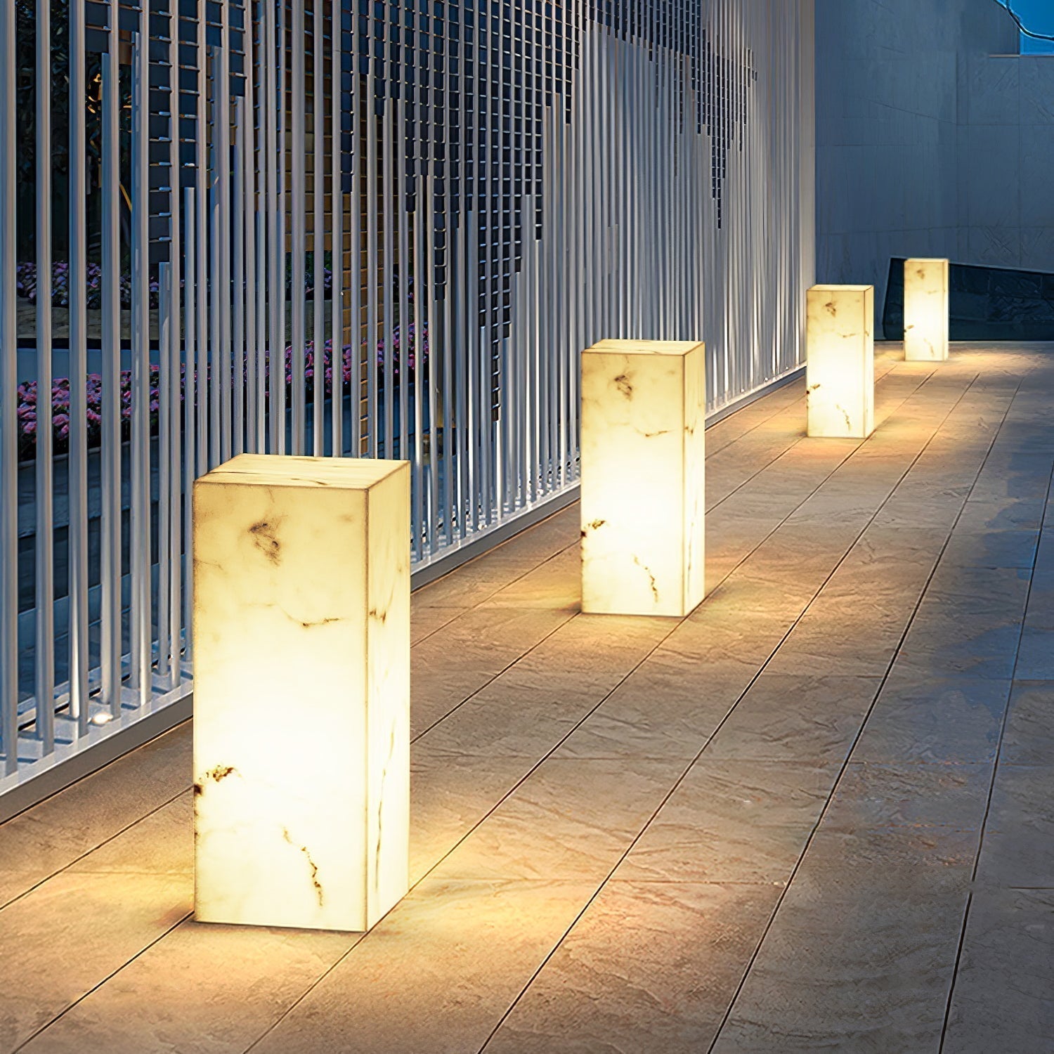 Modern Marble Effect Cube Outdoor LED Landscape Path Light and Garden Pillar Lamp