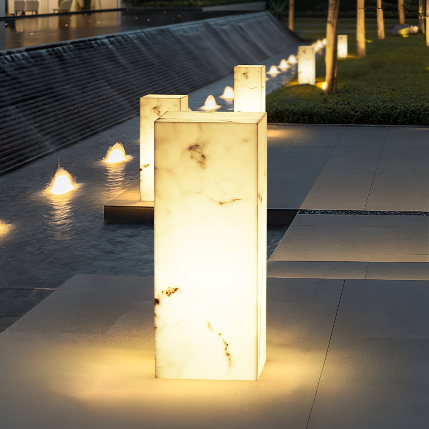 Modern Marble Effect Cube Outdoor LED Landscape Path Light and Garden Pillar Lamp