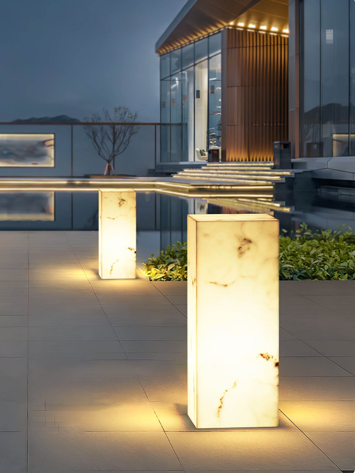Modern Marble Effect Cube Outdoor LED Landscape Path Light and Garden Pillar Lamp