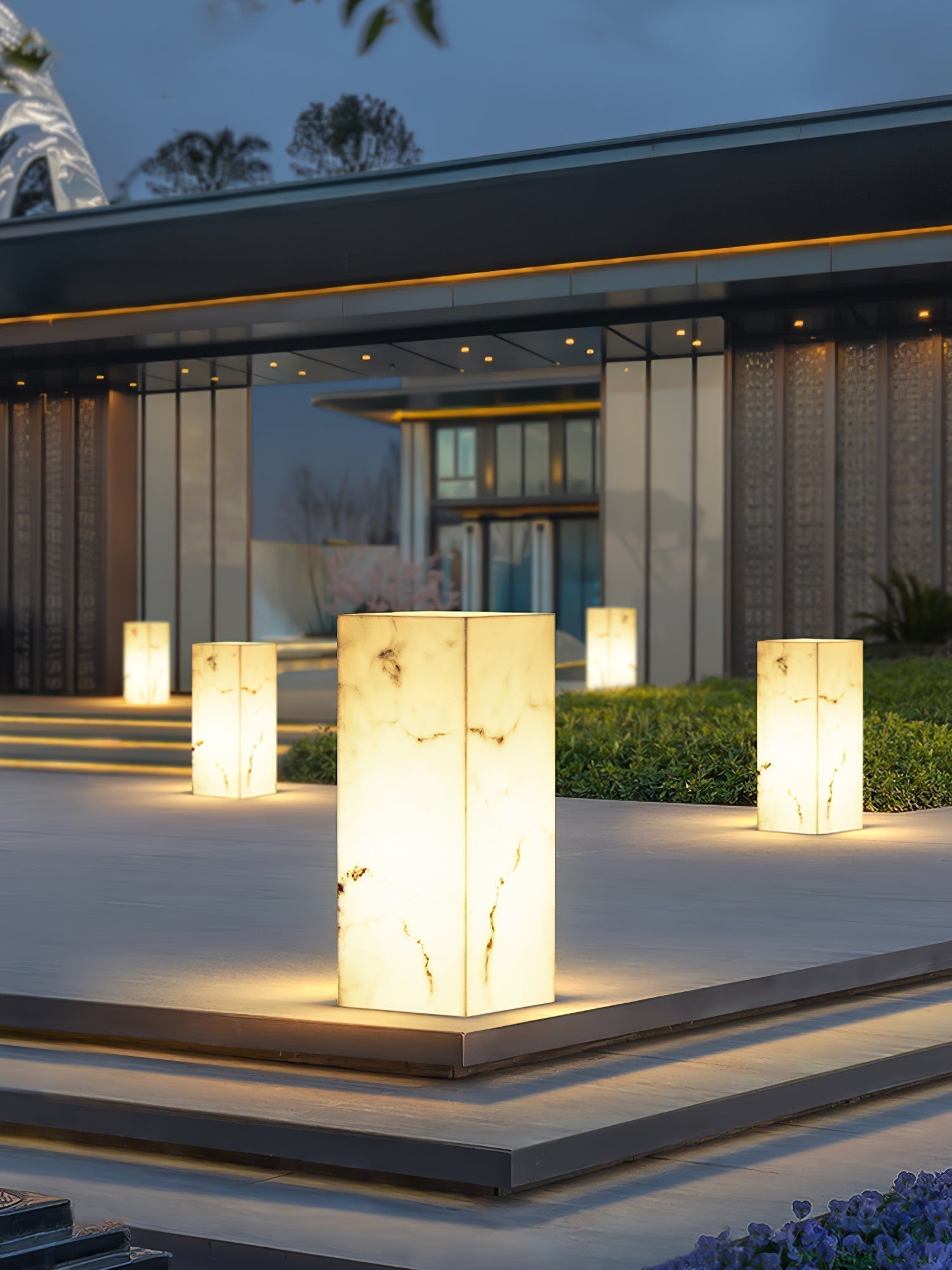 Modern Marble Effect Cube Outdoor LED Landscape Path Light and Garden Pillar Lamp