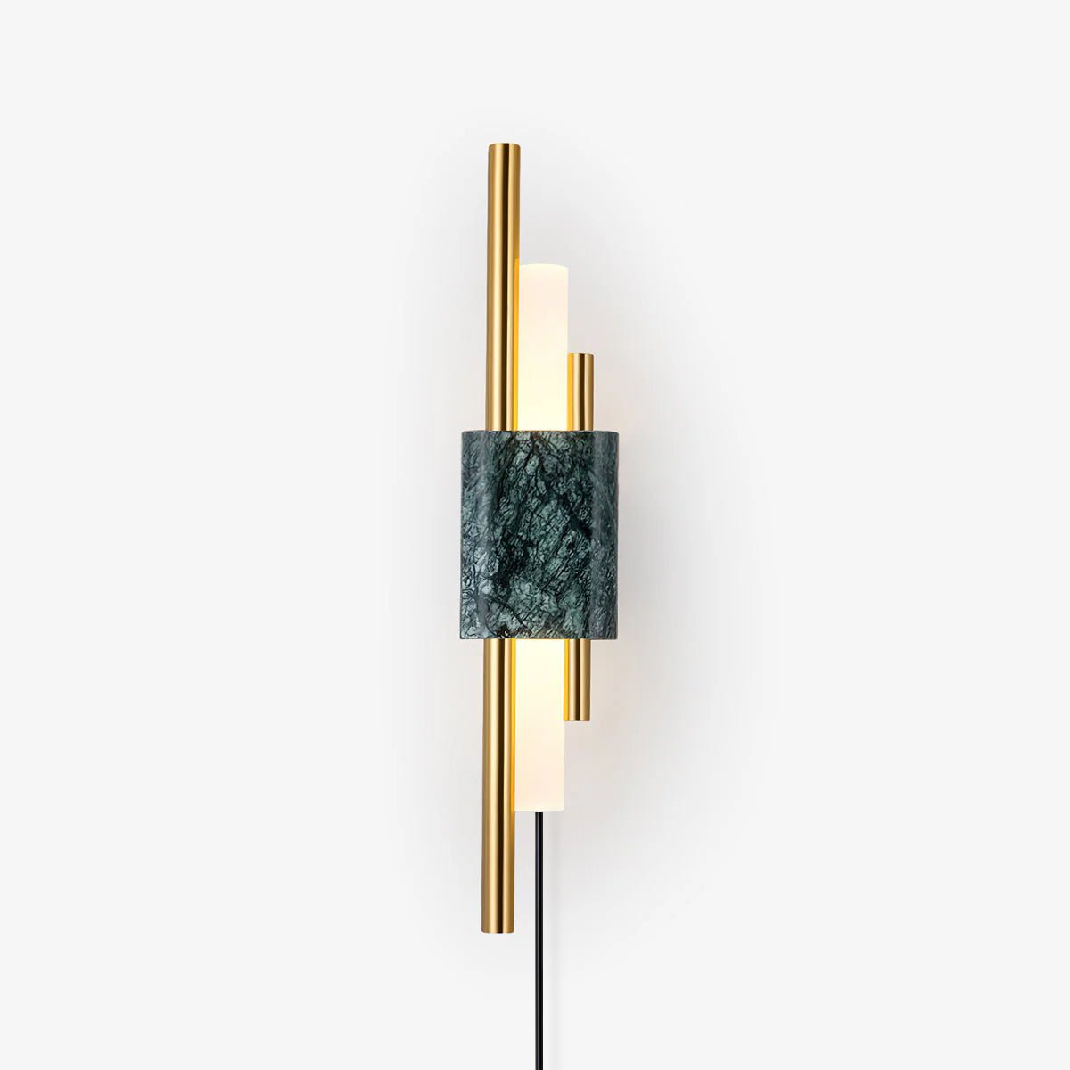 Modern Marble Plug In Wall Sconce with Slim Gold Rods and Opal LED Light Set of 2