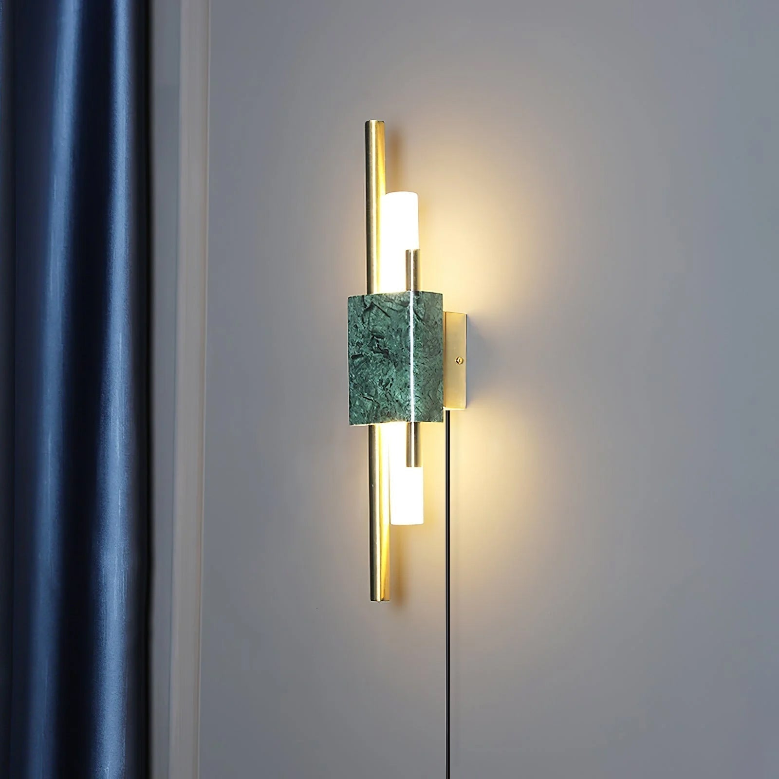 Modern Marble Plug In Wall Sconce with Slim Gold Rods and Opal LED Light Set of 2