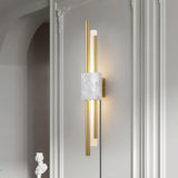 Modern Marble Plug In Wall Sconce with Slim Gold Rods and Opal LED Light Set of 2