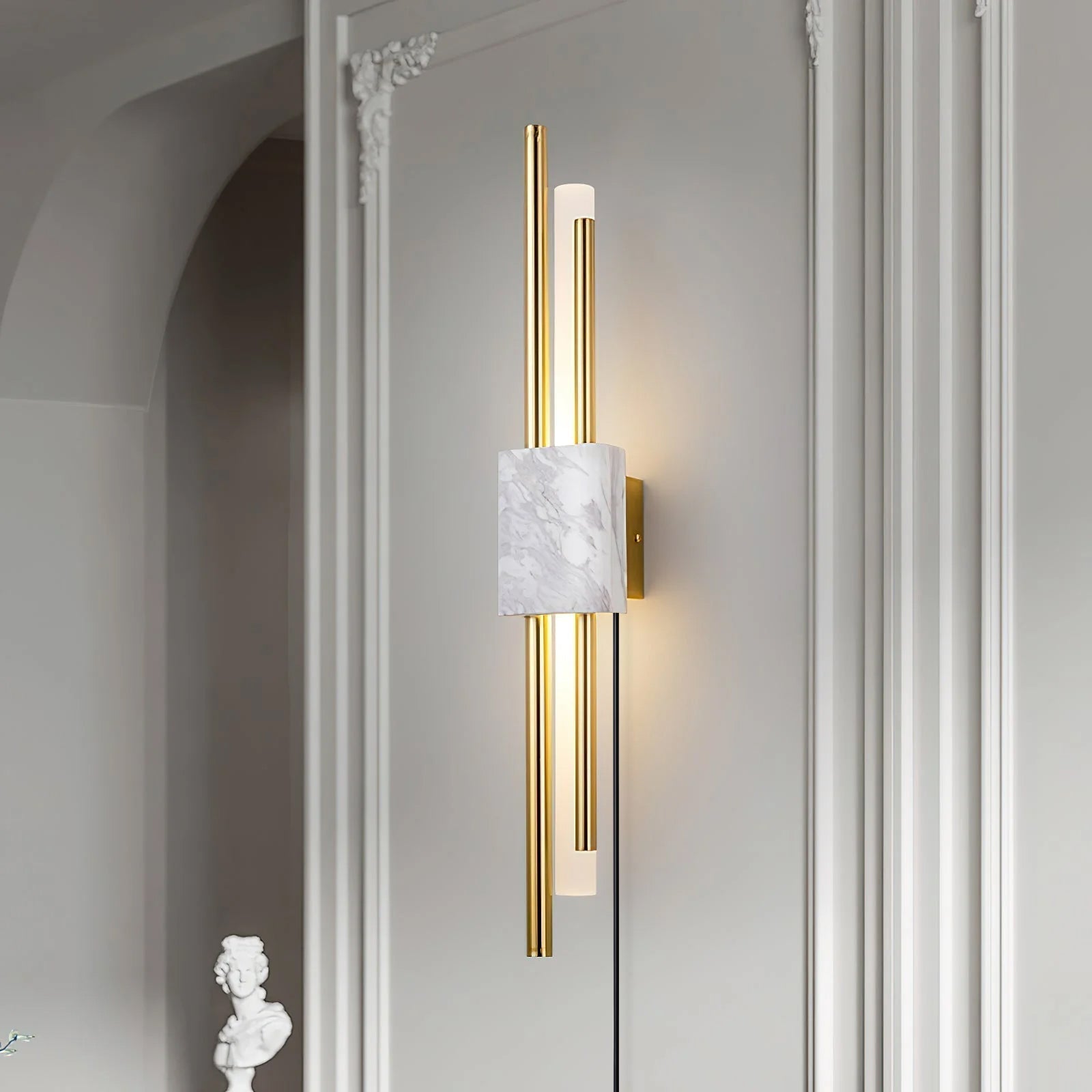 Modern Marble Plug In Wall Sconce with Slim Gold Rods and Opal LED Light Set of 2