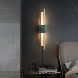 Modern Marble Plug In Wall Sconce with Slim Gold Rods and Opal LED Light Set of 2