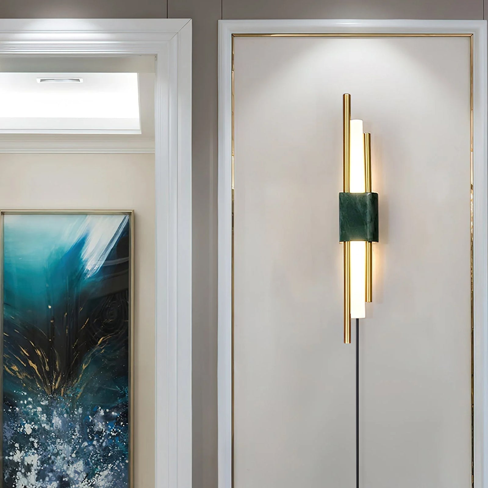 Modern Marble Plug In Wall Sconce with Slim Gold Rods and Opal LED Light Set of 2