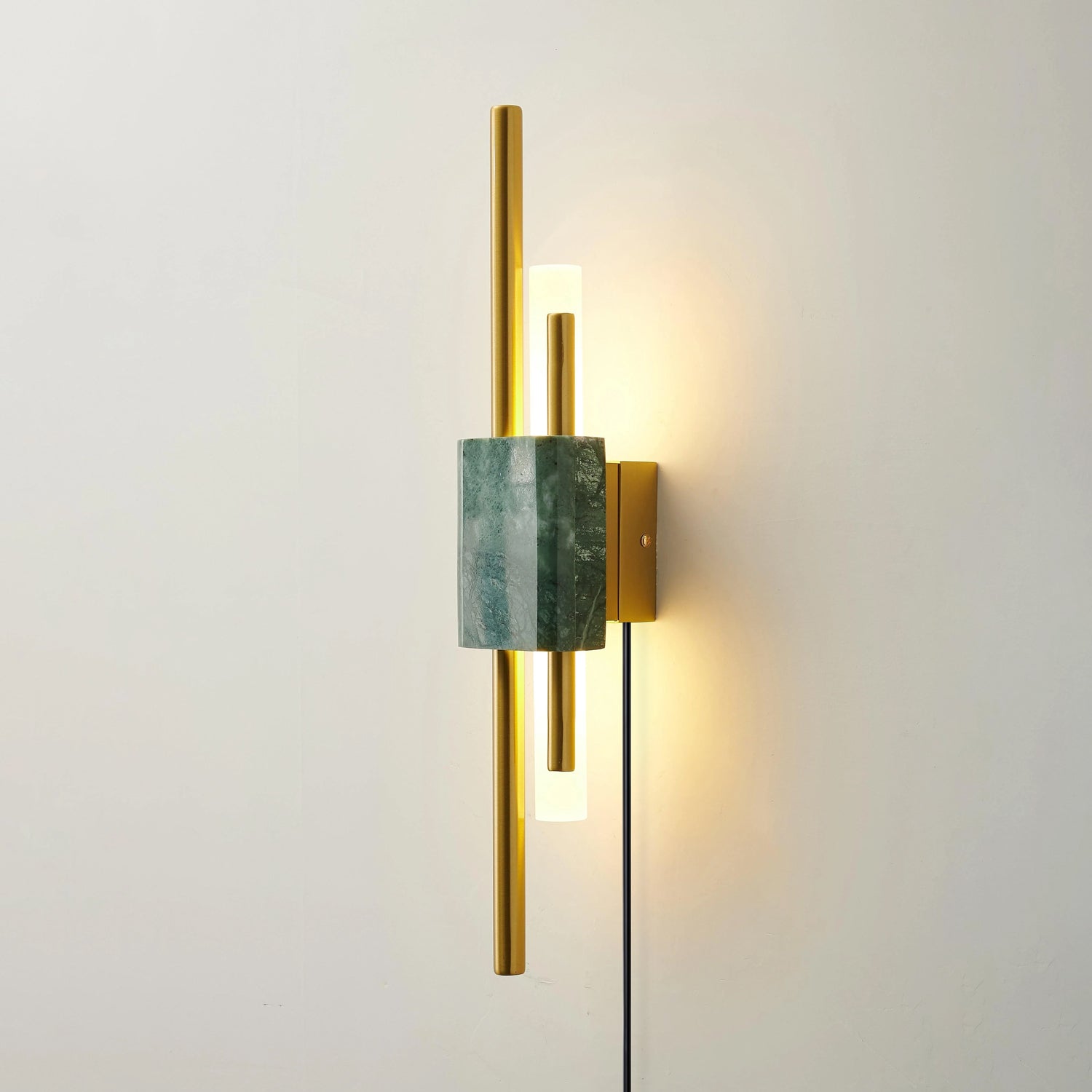 Modern Marble Plug In Wall Sconce with Slim Gold Rods and Opal LED Light Set of 2