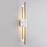 Modern Marble Plug In Wall Sconce with Slim Gold Rods and Opal LED Light Set of 2