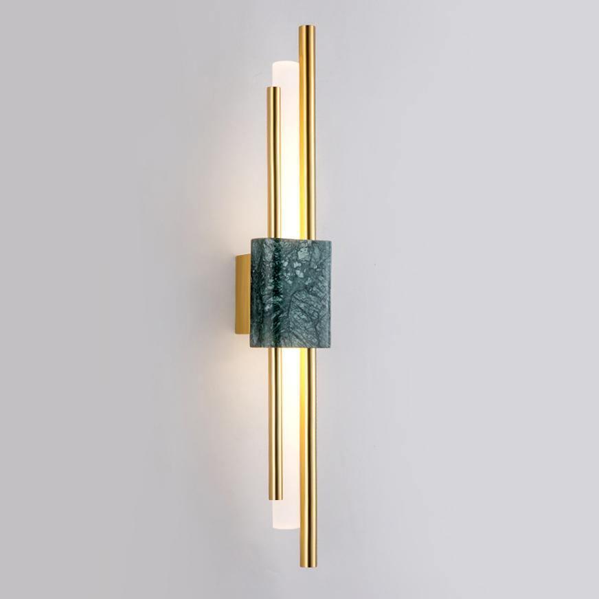 Modern Marble Plug In Wall Sconce with Slim Gold Rods and Opal LED Light Set of 2