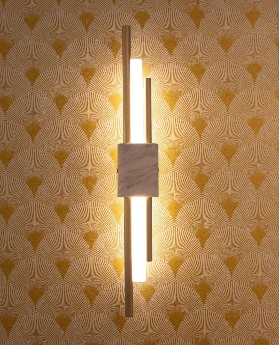 Modern Marble Plug In Wall Sconce with Slim Gold Rods and Opal LED Light Set of 2