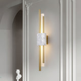 Modern Marble Plug In Wall Sconce with Slim Gold Rods and Opal LED Light Set of 2