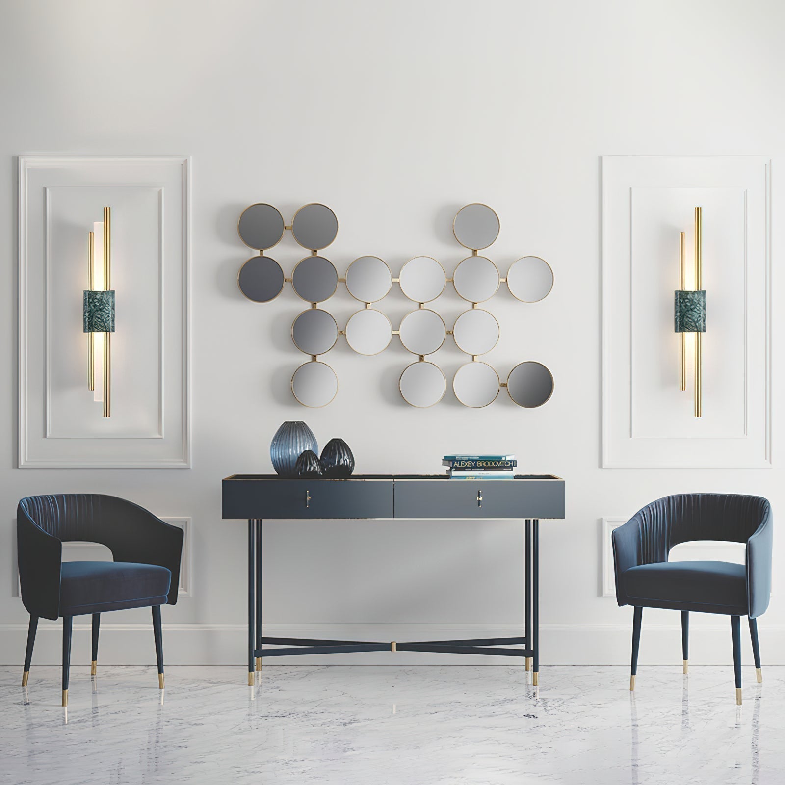 Modern Marble Plug In Wall Sconce with Slim Gold Rods and Opal LED Light Set of 2