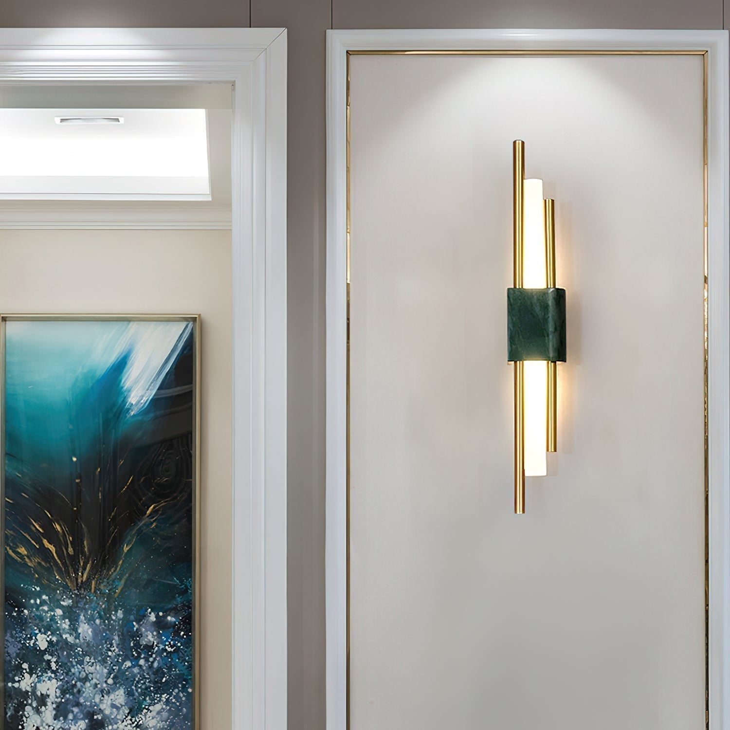 Modern Marble Plug In Wall Sconce with Slim Gold Rods and Opal LED Light Set of 2