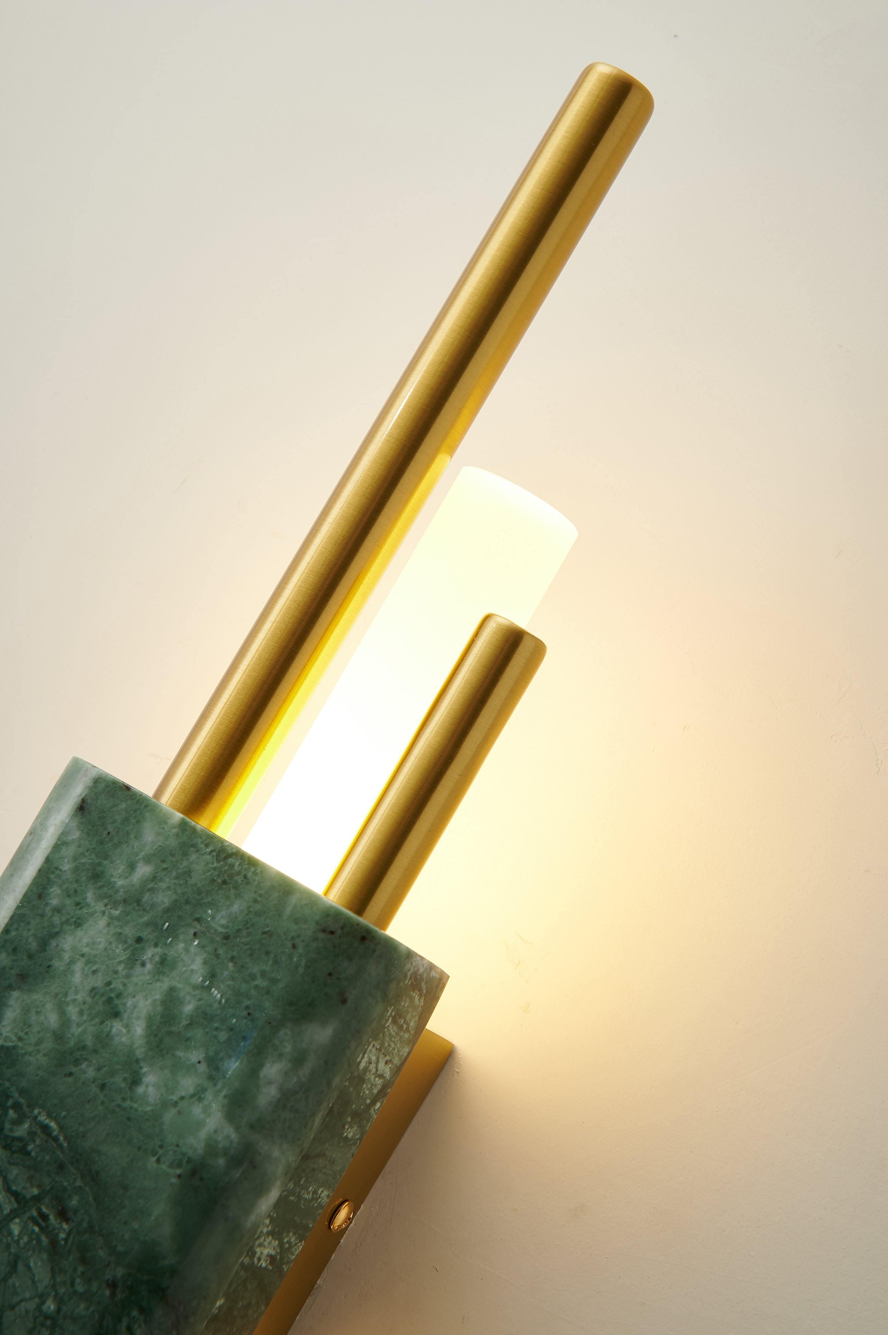 Modern Marble Plug In Wall Sconce with Slim Gold Rods and Opal LED Light Set of 2
