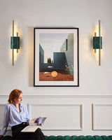 Modern Marble Plug In Wall Sconce with Slim Gold Rods and Opal LED Light Set of 2