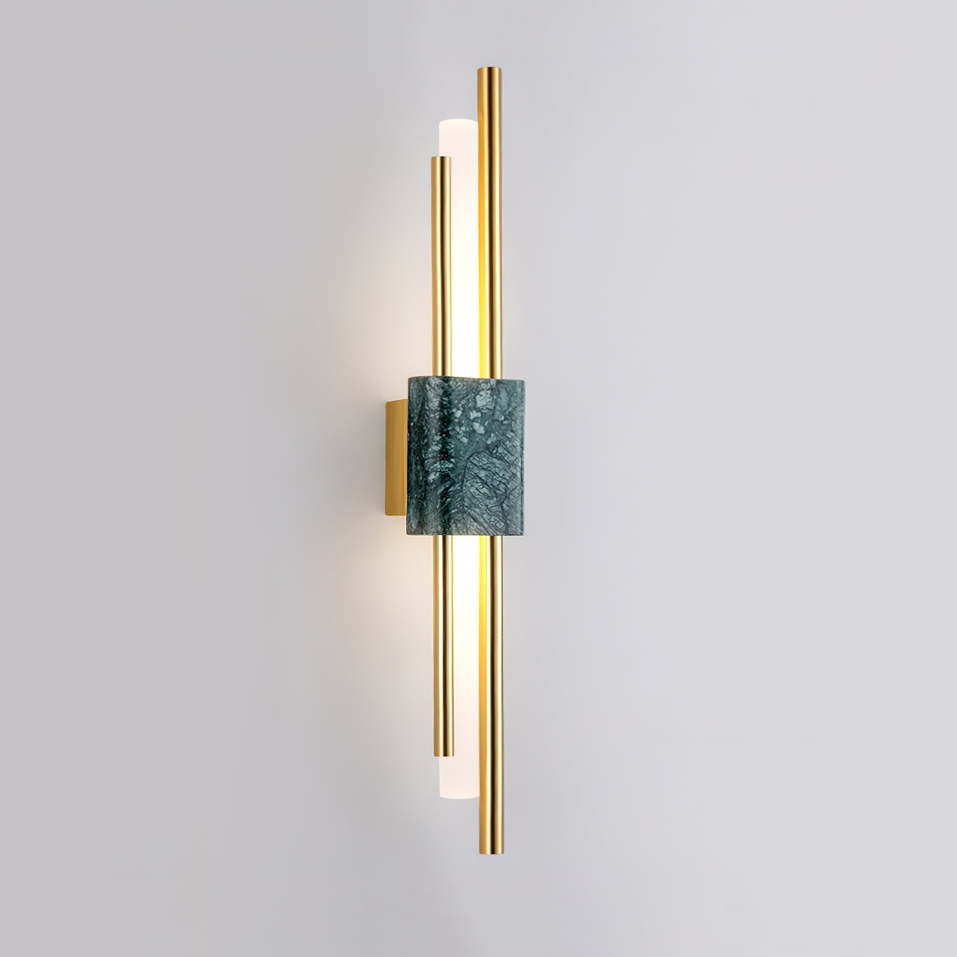 Modern Marble Plug In Wall Sconce with Slim Gold Rods and Opal LED Light Set of 2