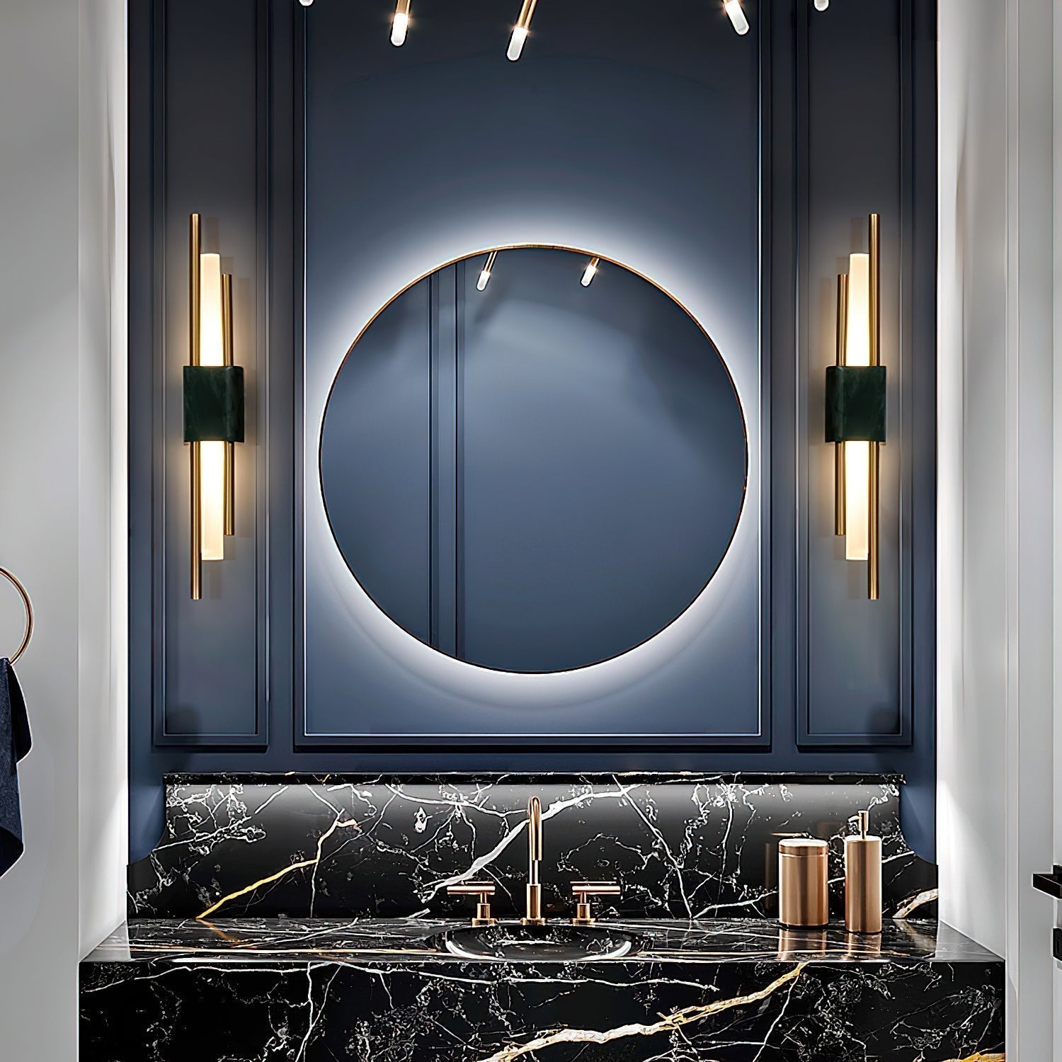 Modern Marble Plug In Wall Sconce with Slim Gold Rods and Opal LED Light Set of 2