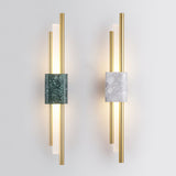 Modern Marble Plug In Wall Sconce with Slim Gold Rods and Opal LED Light Set of 2