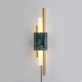 Modern Marble Plug In Wall Sconce with Slim Gold Rods and Opal LED Light Set of 2