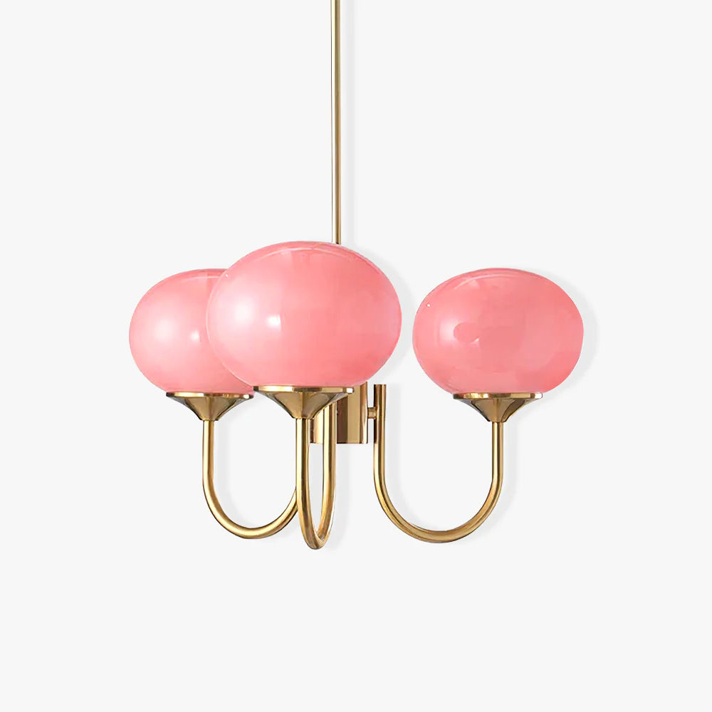 Modern Marshmallow Chandelier with Pink Glass Shades and Gold Finish Lighting