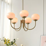 Modern Marshmallow Chandelier with Pink Glass Shades and Gold Finish Lighting