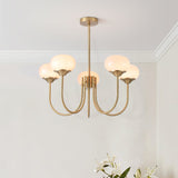 Modern Marshmallow Chandelier with Pink Glass Shades and Gold Finish Lighting