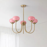 Modern Marshmallow Chandelier with Pink Glass Shades and Gold Finish Lighting