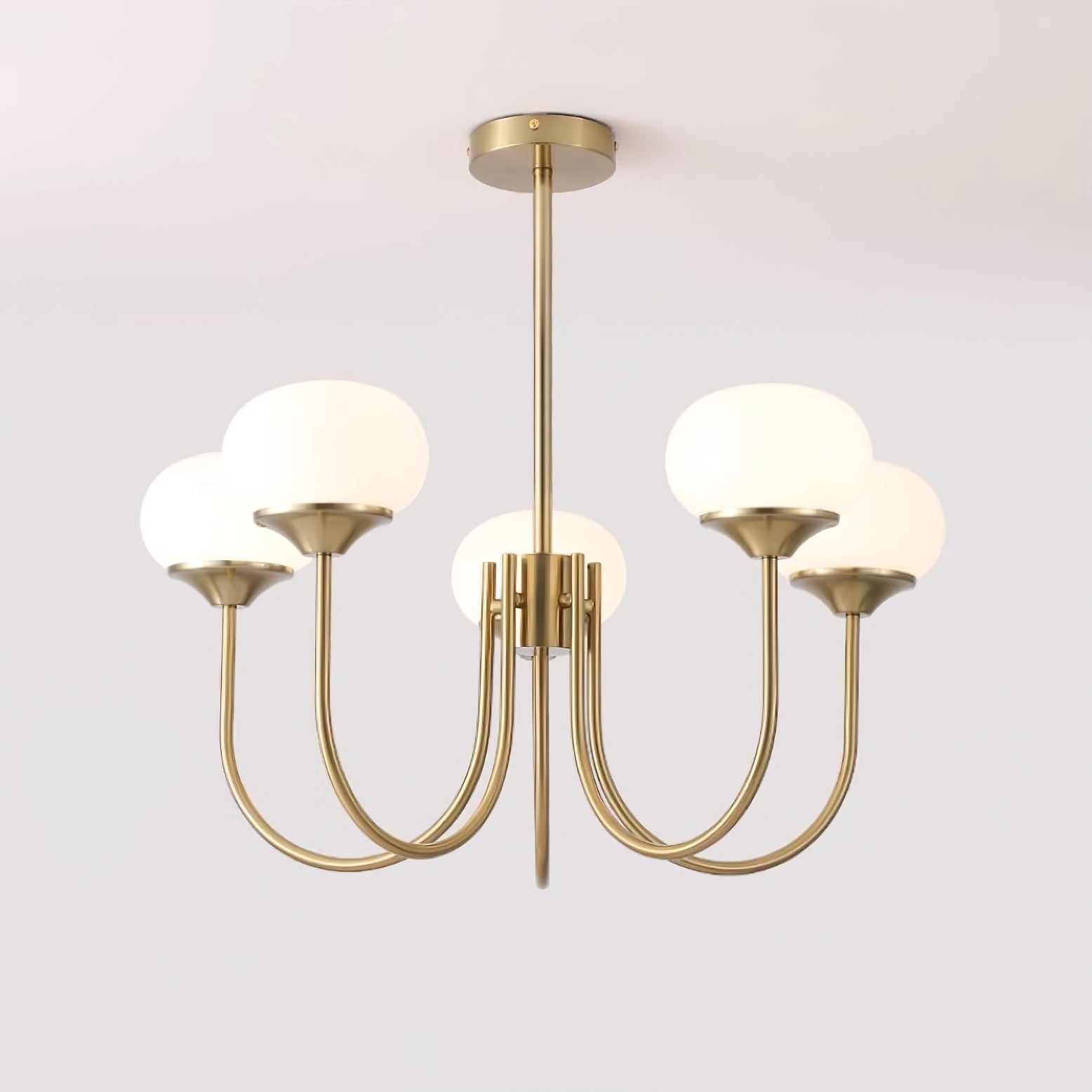 Modern Marshmallow Chandelier with Pink Glass Shades and Gold Finish Lighting