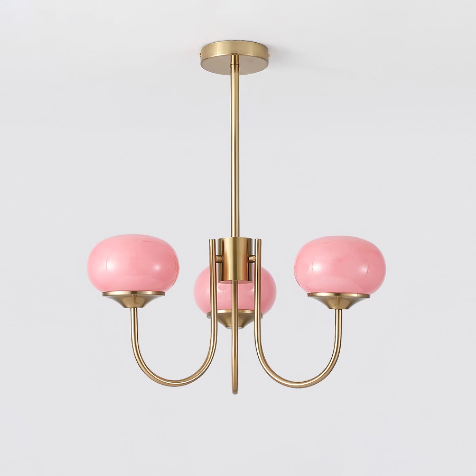 Modern Marshmallow Chandelier with Pink Glass Shades and Gold Finish Lighting