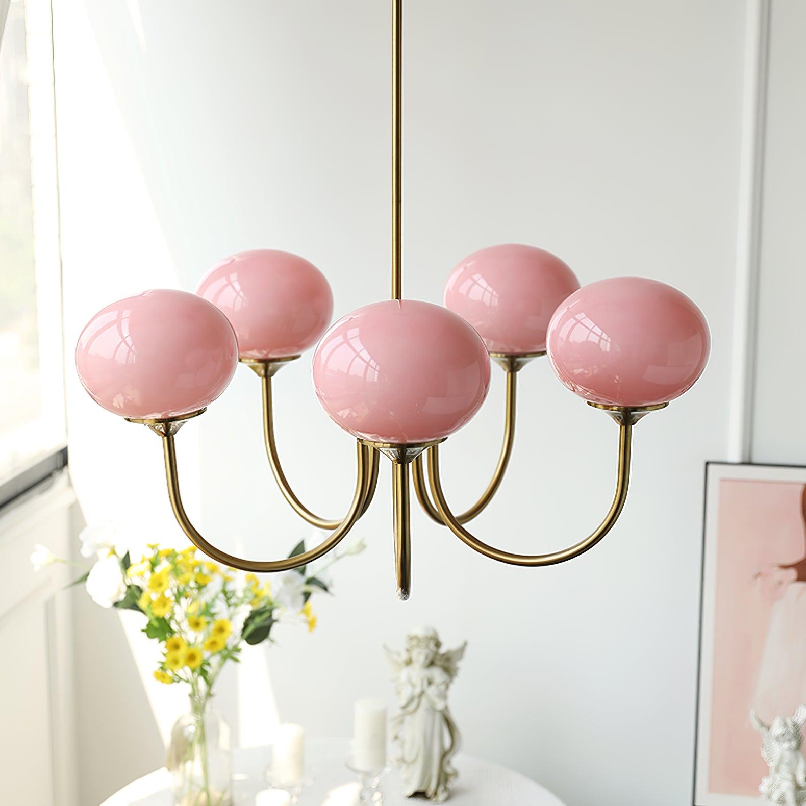 Modern Marshmallow Chandelier with Pink Glass Shades and Gold Finish Lighting