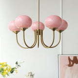Modern Marshmallow Chandelier with Pink Glass Shades and Gold Finish Lighting