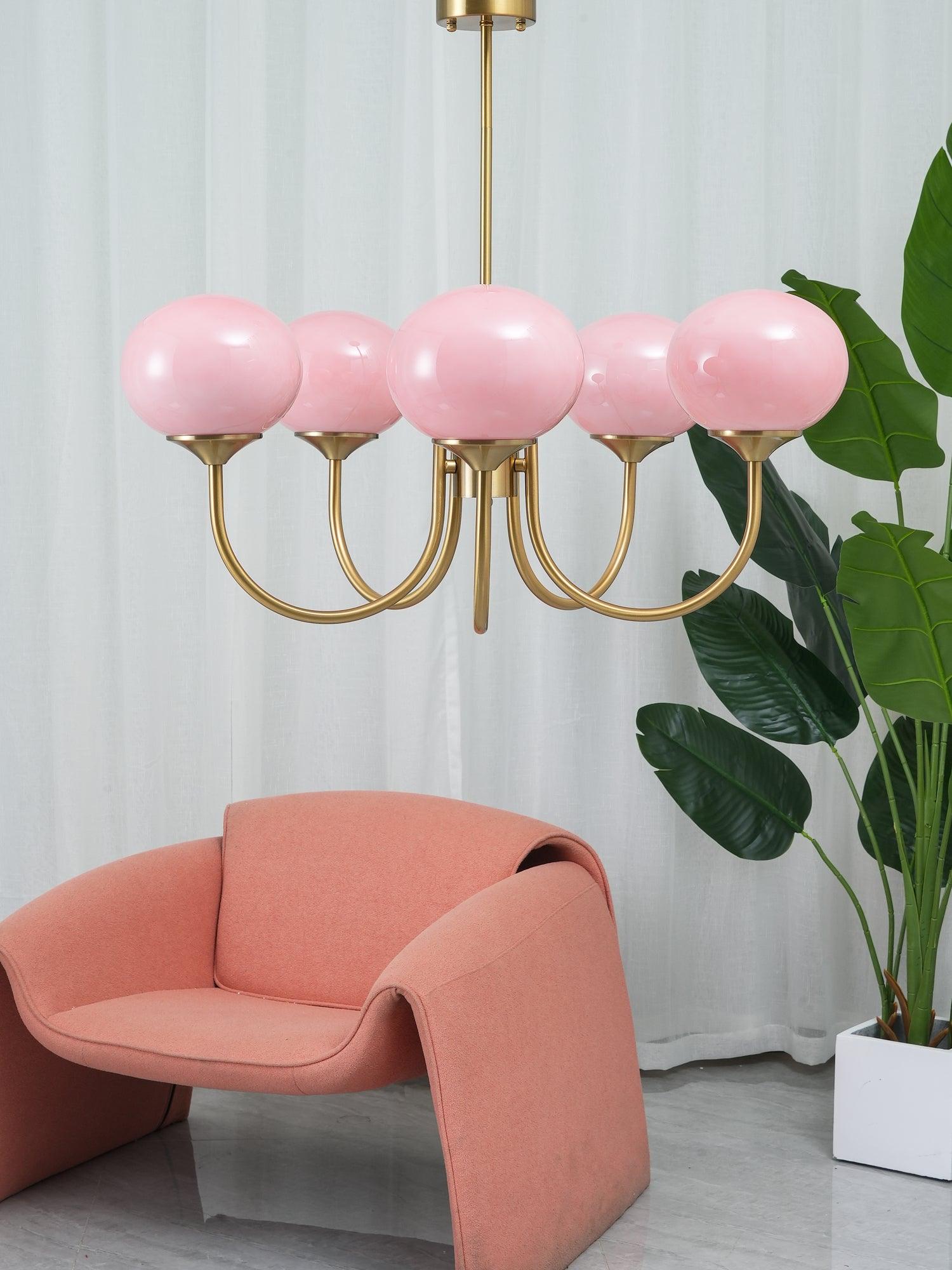 Modern Marshmallow Chandelier with Pink Glass Shades and Gold Finish Lighting