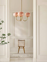 Modern Marshmallow Chandelier with Pink Glass Shades and Gold Finish Lighting