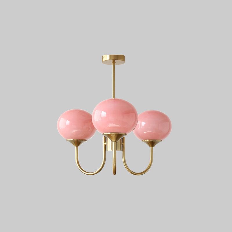 Modern Marshmallow Chandelier with Pink Glass Shades and Gold Finish Lighting