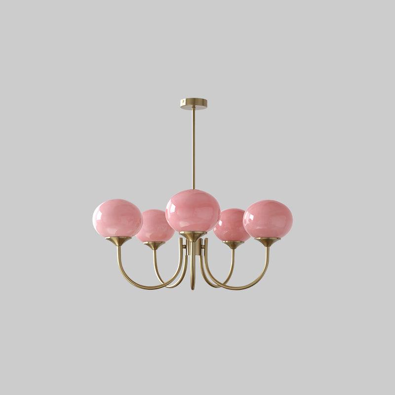 Modern Marshmallow Chandelier with Pink Glass Shades and Gold Finish Lighting