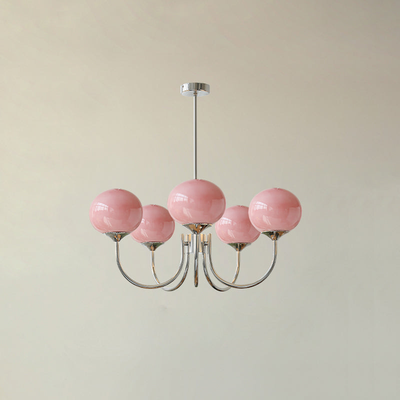 Modern Marshmallow Chandelier with Pink Glass Shades and Gold Finish Lighting