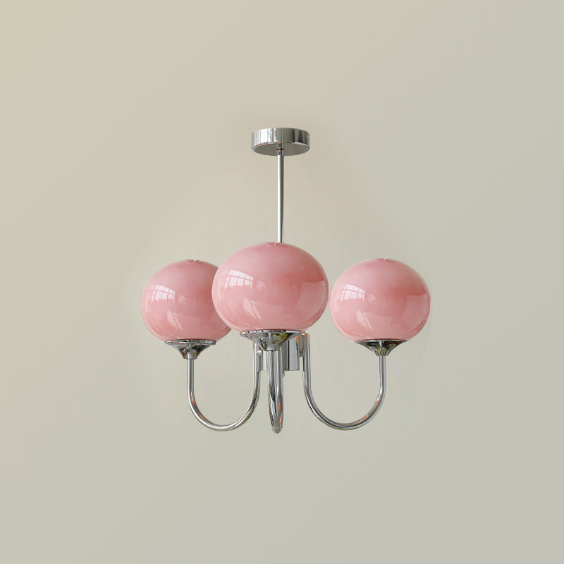 Modern Marshmallow Chandelier with Pink Glass Shades and Gold Finish Lighting