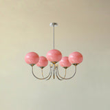 Modern Marshmallow Chandelier with Pink Glass Shades and Gold Finish Lighting