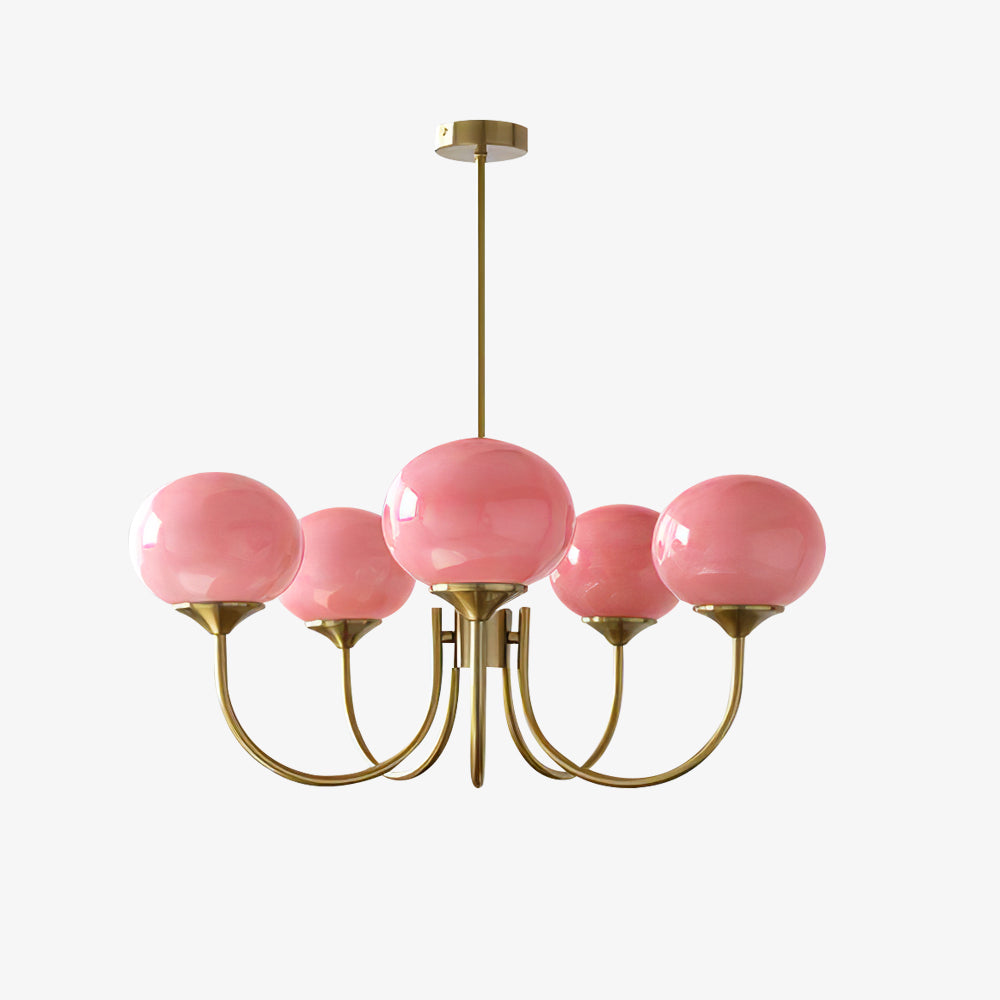 Modern Marshmallow Chandelier with Pink Glass Shades and Gold Finish Lighting