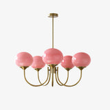 Modern Marshmallow Chandelier with Pink Glass Shades and Gold Finish Lighting