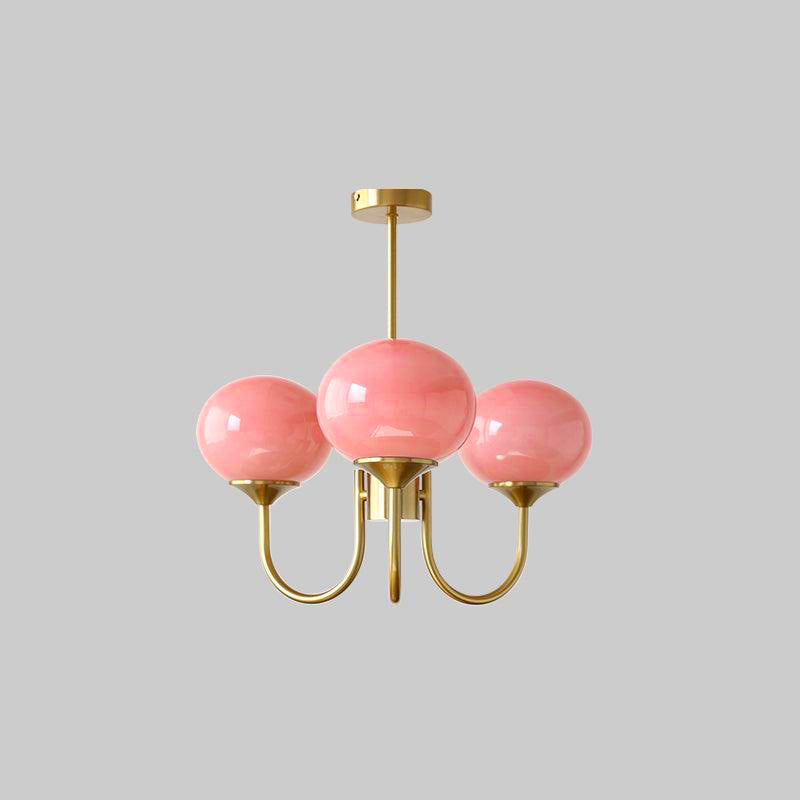 Modern Marshmallow Chandelier with Pink Glass Shades and Gold Finish Lighting