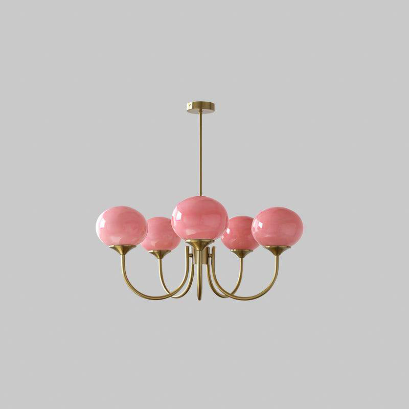 Modern Marshmallow Chandelier with Pink Glass Shades and Gold Finish Lighting
