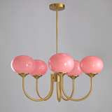 Modern Marshmallow Chandelier with Pink Glass Shades and Gold Finish Lighting