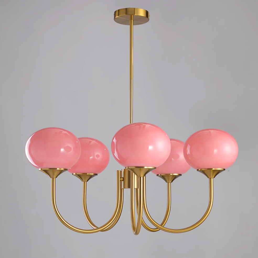 Modern Marshmallow Chandelier with Pink Glass Shades and Gold Finish Lighting