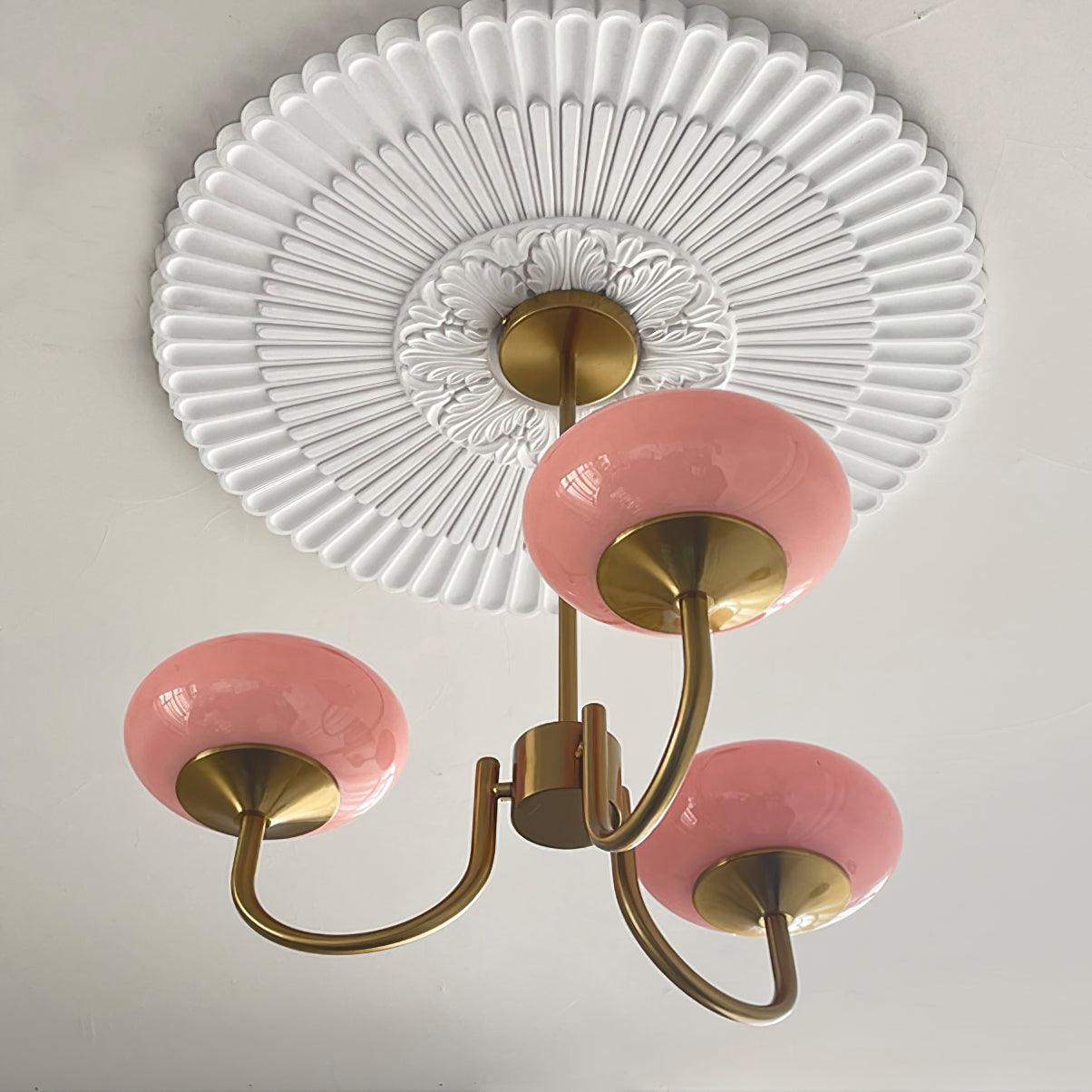 Modern Marshmallow Chandelier with Pink Glass Shades and Gold Finish Lighting