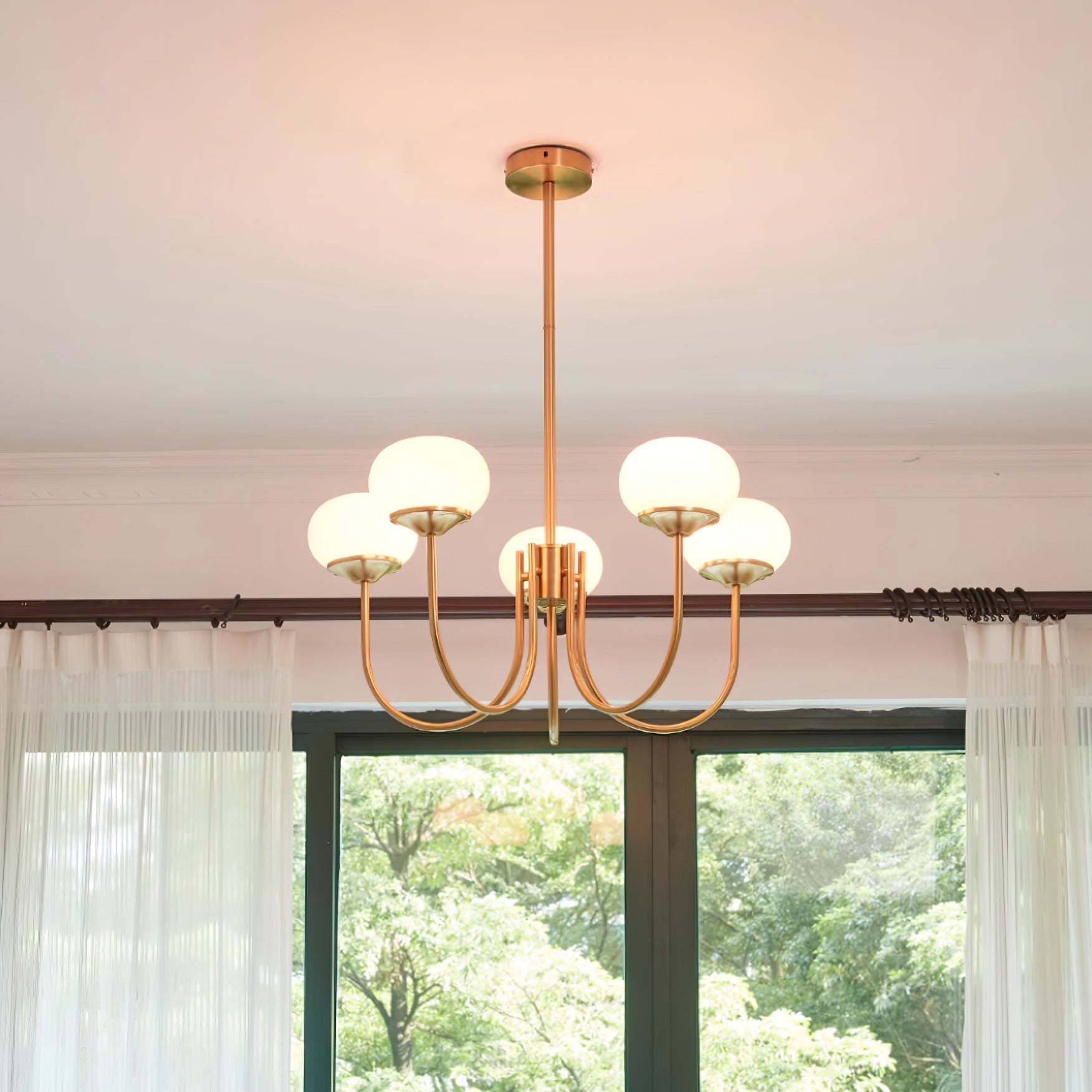 Modern Marshmallow Chandelier with Pink Glass Shades and Gold Finish Lighting