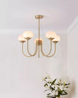 Modern Marshmallow Chandelier with Pink Glass Shades and Gold Finish Lighting